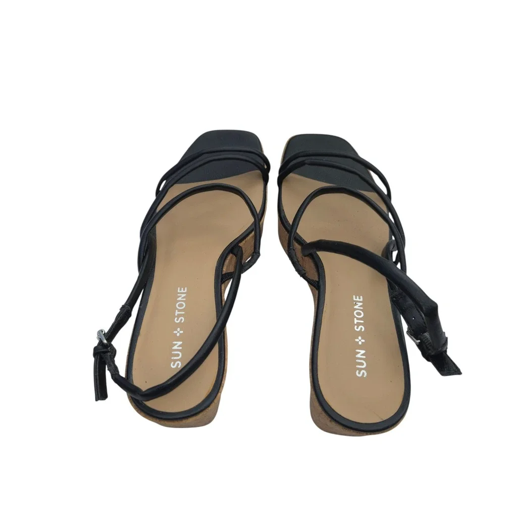 Sun + Stone Bellah Sandals Women Size 9 Black Strappy Cork Platform Wedge Summer